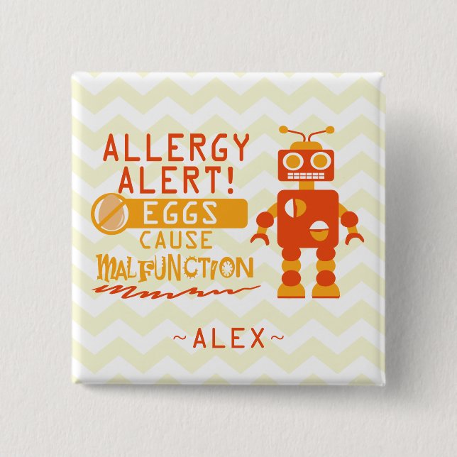 Personalisierter orange Roboter-Ei-Allergie-Alarm Button (Vorderseite)