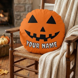 Personalisierter orangefarbener Kürbis Halloween I Rundes Kissen