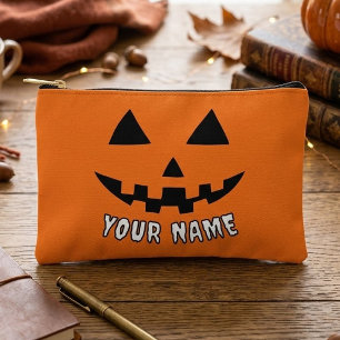 Personalisierter orangefarbener Kürbis Halloween I Zubehörtasche