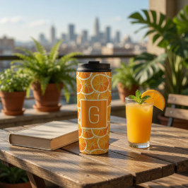 Personalisierter Orangen-Zitrus-Monogramm Thermosbecher