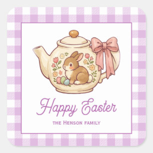 Personalisierter Osterhase Teekanne Gingham Famili Quadratischer Aufkleber