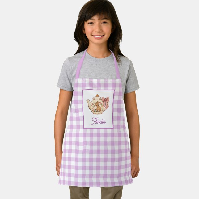 Personalisierter Osterhasen-Teekanne Gingham Name Schürze (Insitu)