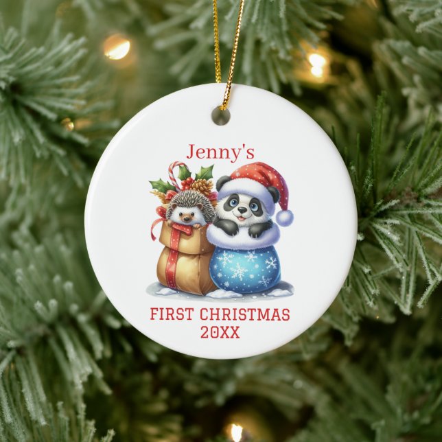 Personalisierter Panda Bär und Igel Cube Weihnacht Keramik Ornament (Baum)