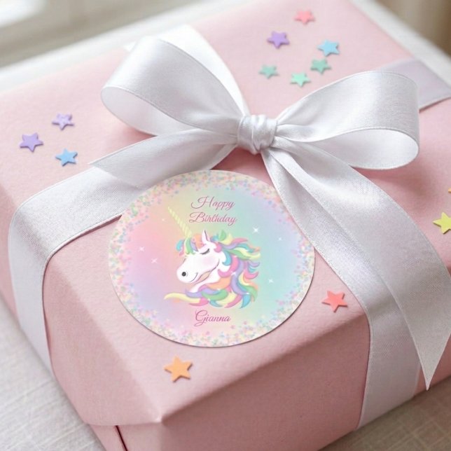 Personalisierter Pastell-Einhorn-Geburtstagsaufkle Runder Aufkleber (Von Creator hochgeladen)