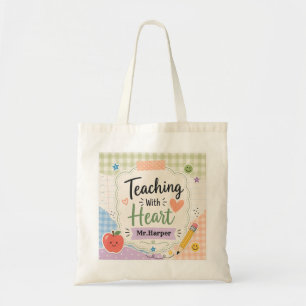 Personalisierter Pastell-Gingham-Teaching-With-Hea Tragetasche