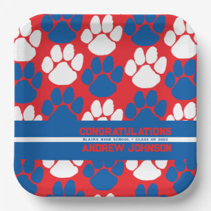 Personalisierter Pawprint in Rot und Blau Pappteller