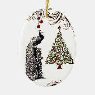 Personalisierter Pfau und Weihnachtsbaumurlaub Keramik Ornament