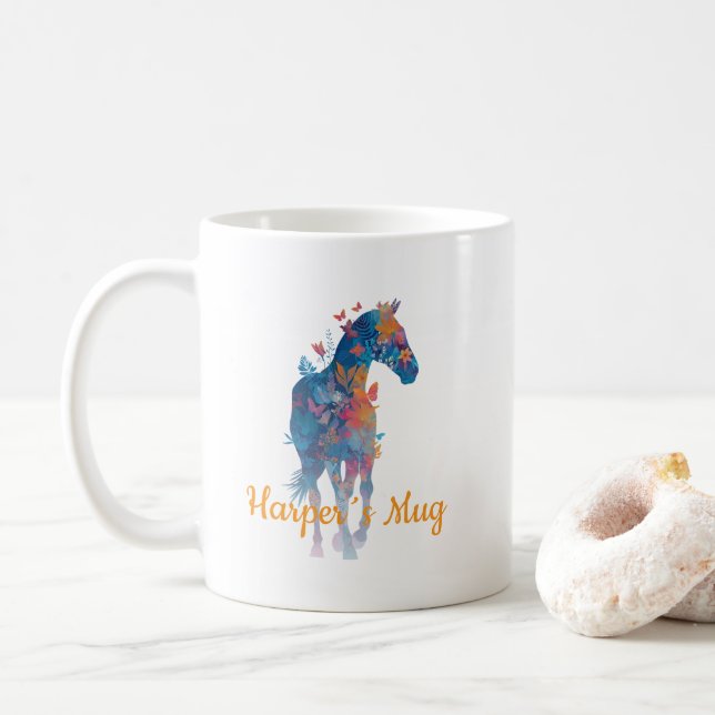 Personalisierter Pferde-Blumen-Schmetterlings-Bech Kaffeetasse (Mit Donut)