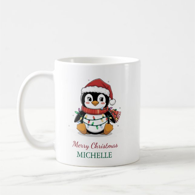 Personalisierter Pinguin in der Weihnachtsmannmütz Kaffeetasse (Links)