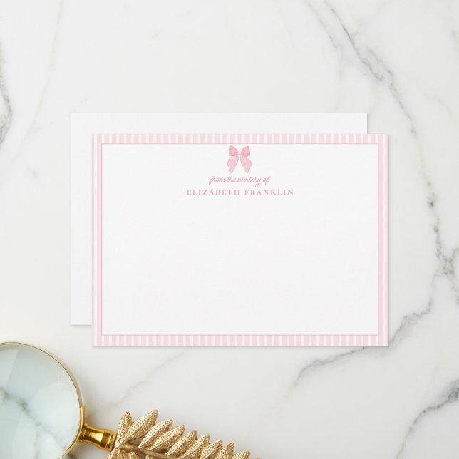Personalisierter Pink Bow Stripe Baby Girl Station Dankeskarte (Vorderseite/Rückseite Beispiel)