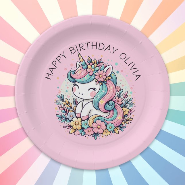 Personalisierter Pink Unicorn Girl's Birthday Pappteller (Von Creator hochgeladen)