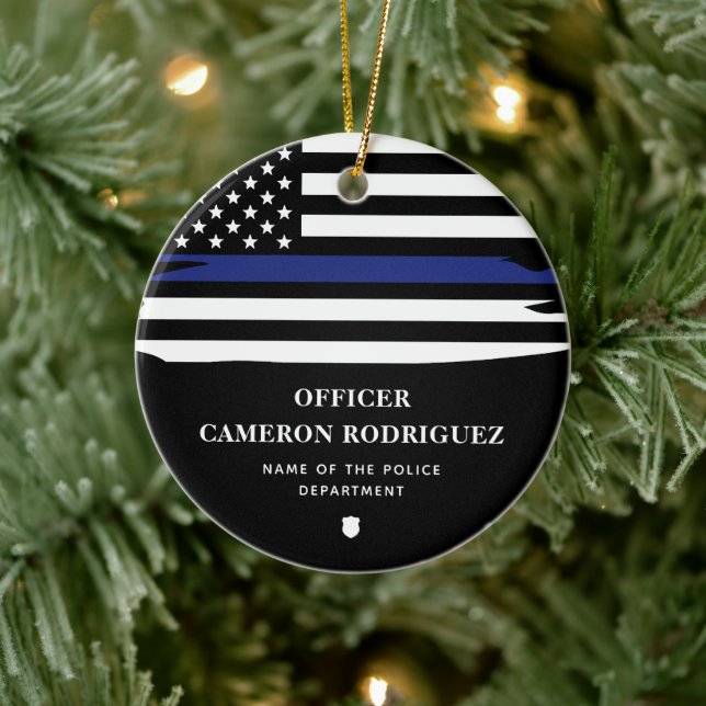 Personalisierter Polizeibeamter Thin Blue Line-Fla Keramik Ornament (Baum)
