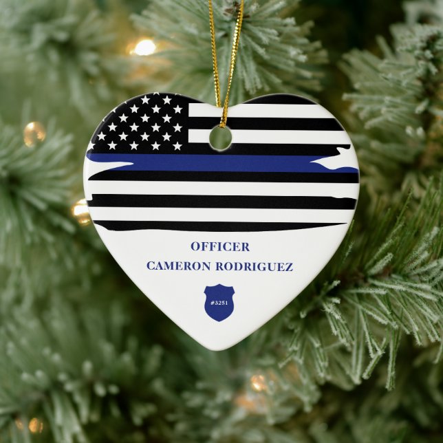 Personalisierter Polizeibeamter Thin Blue Line-Fla Keramik Ornament (Baum)