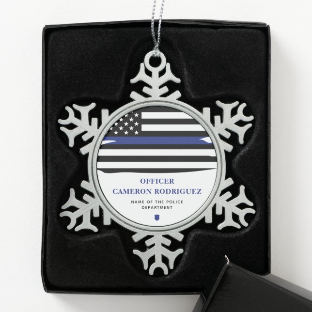 Personalisierter Polizeibeamter Thin Blue Line-Fla Schneeflocken Zinn-Ornament (Box)