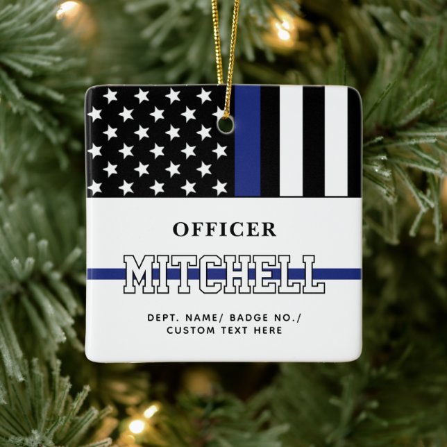 Personalisierter Polizeibeamter Thin Blue Line Keramikornament (Baum)