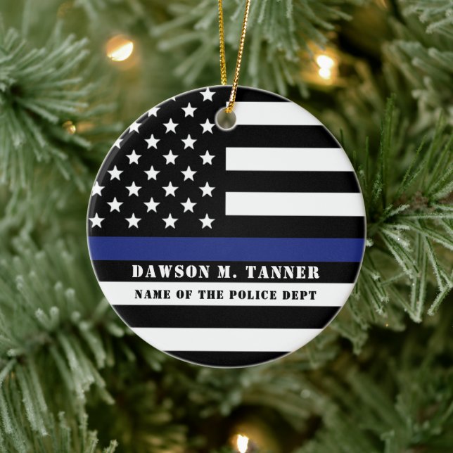 Personalisierter Polizeibeamter Thin Blue Line US- Keramik Ornament (Baum)