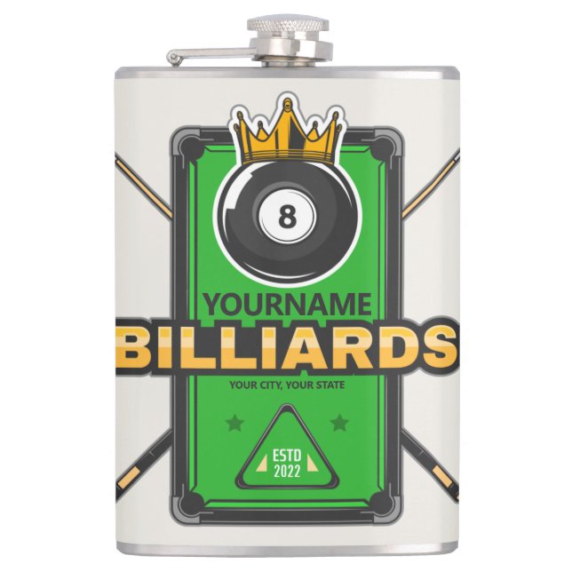 Personalisierter Pool Hall NAME 8 Ball Crown Billi Flachmann (Vorderseite)
