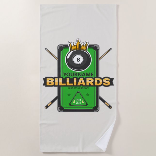 Personalisierter Pool Hall NAME 8 Ball Crown Billi Strandtuch (Vorderseite)