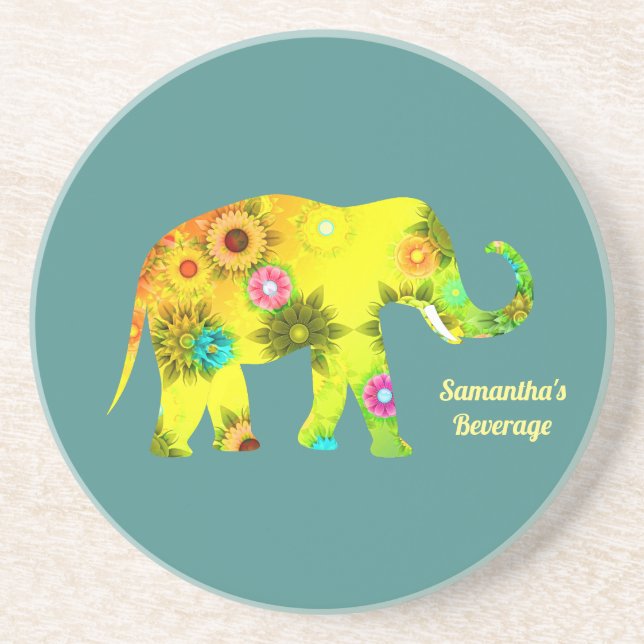 Personalisierter psychedelischer Blumenelefant Getränkeuntersetzer (Vorne)