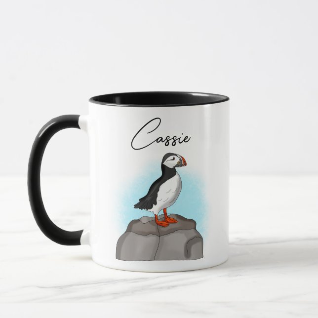 Personalisierter Puffin am Felsen Tasse (Links)