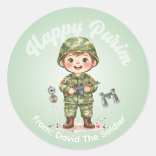 Personalisierter Purim-Aufkleber – Soldat-Thema Runder Aufkleber