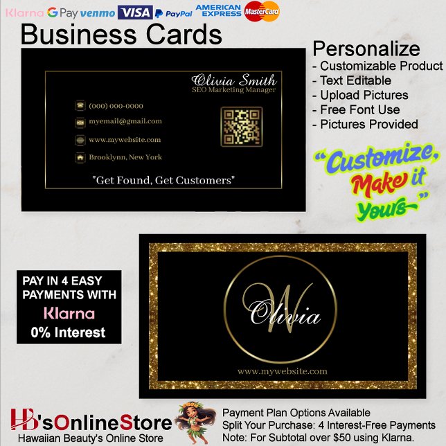 Personalisierter QR-Code für Schwarz/Gold-Glitzer- Visitenkarte (Personalized Monogram Black & Gold Glitter QR Code Business Card.)