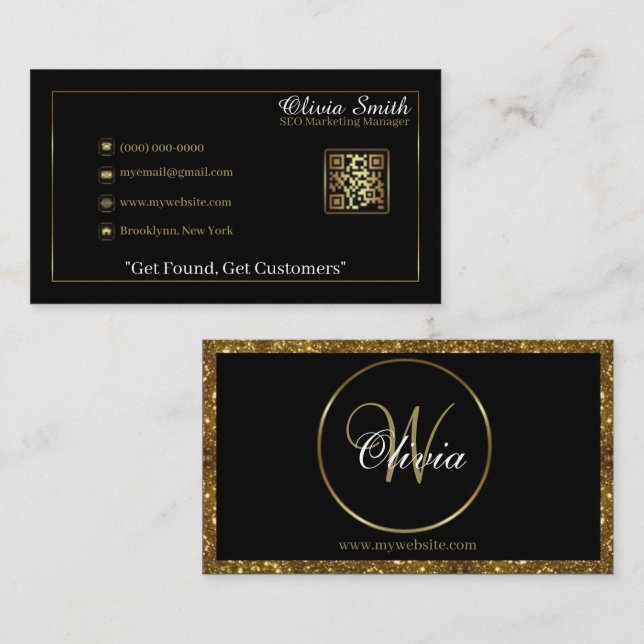 Personalisierter QR-Code für Schwarz/Gold-Glitzer- Visitenkarte (Vorne/Hinten)