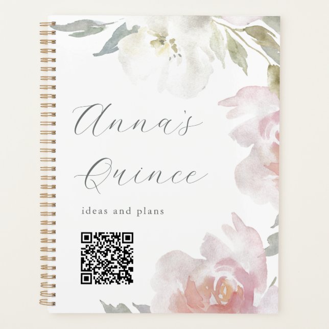 Personalisierter Quinceanera Pink Floral QR Code Planer (Vorderseite)