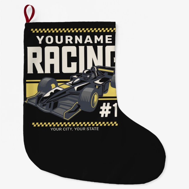 Personalisierter Racing Team Fast Race Car Treiber Großer Weihnachtsstrumpf (Vorderseite)