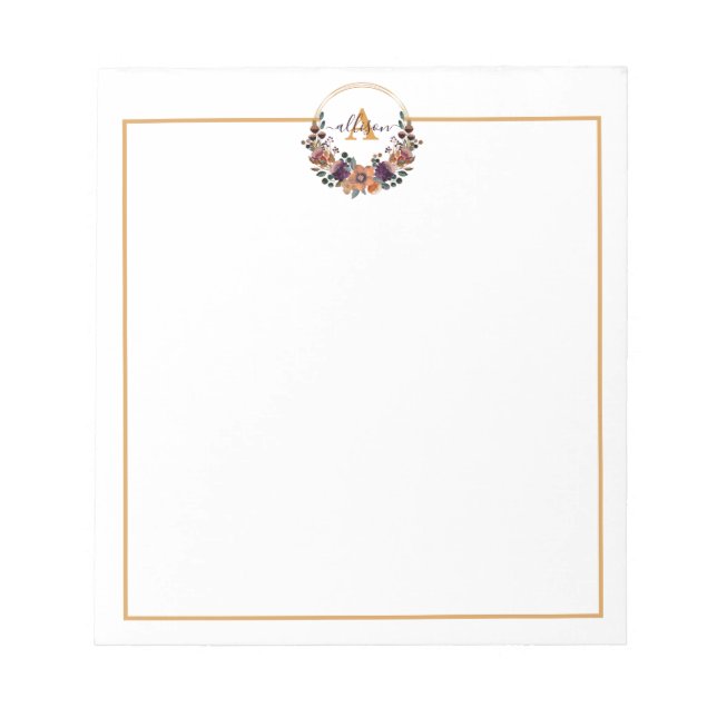 Personalisierter Rahmen aus Burgund und Goldflora Notizblock (Vorderseite)