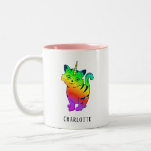 Personalisierter Rainbow Unicorn Katzenübername Zweifarbige Tasse