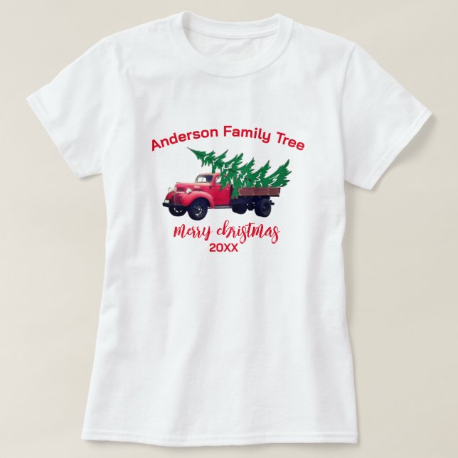 Personalisierter Red Truck Frohe Weihnachtsfamilie T-Shirt (Design vorne)