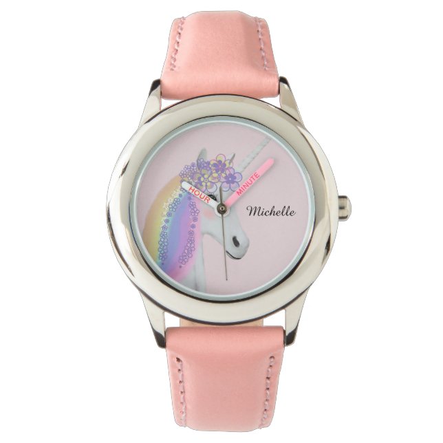 Personalisierter Regenbogen Einhorn Pastel Pink Gi Armbanduhr (Vorderseite)