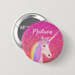 Personalisierter Regenbogen Einhorn Rosa Glitzer Button