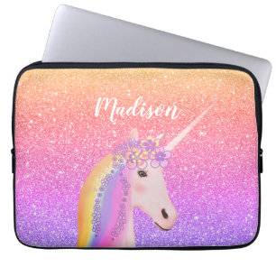 Personalisierter Regenbogen Einhorn Rosa Glitzer Laptopschutzhülle