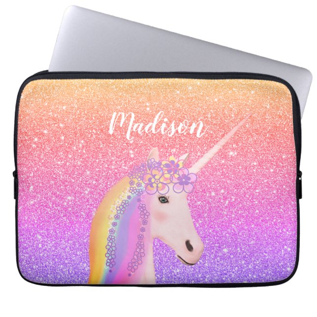 Personalisierter Regenbogen Einhorn Rosa Glitzer Laptopschutzhülle (Vorderseite)