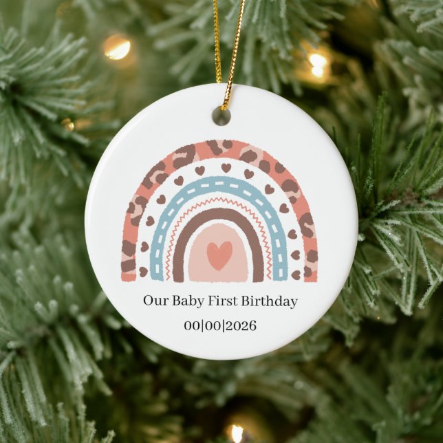 Personalisierter Regenbogen-Geburtstag Keramik Ornament (Baum)