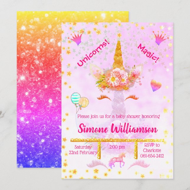 Personalisierter Regenbogen-Glitzer Golden Unicorn Einladung (Vorne/Hinten)
