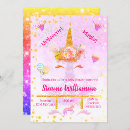 Personalisierter Regenbogen-Glitzer Golden Unicorn Einladung