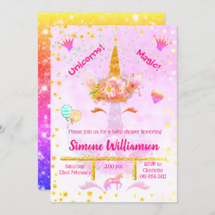 Personalisierter Regenbogen-Glitzer Golden Unicorn Einladung
