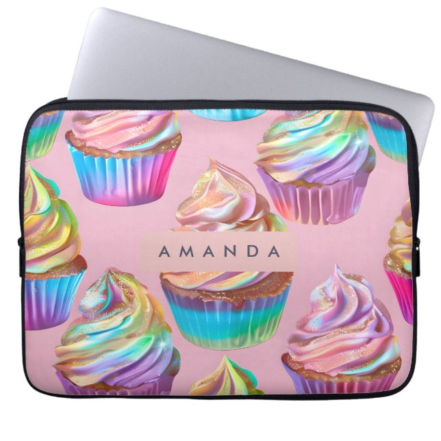 Personalisierter Regenbogen-Pastell-Cupcake mit Gl Laptopschutzhülle (Vorderseite)