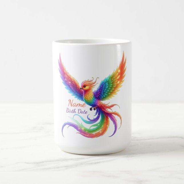 Personalisierter Regenbogen-Phönix-Namens-Geburtsd Kaffeetasse (Mittel)