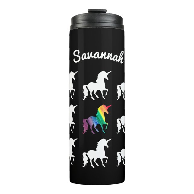 Personalisierter Regenbogenunicorn-Schwarz-weißes Thermosbecher (Vorderseite)