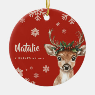 Personalisierter Rentier Weihnachtsschneeflocke Keramik Ornament
