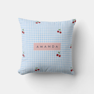 Personalisierter Retro-Blauer Gingham-Kirschen-Dru Kissen