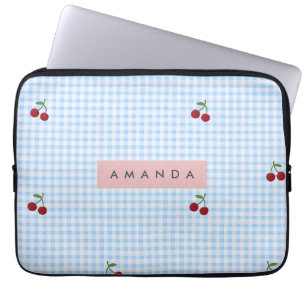 Personalisierter Retro-Blauer Gingham-Kirschen-Dru Laptopschutzhülle