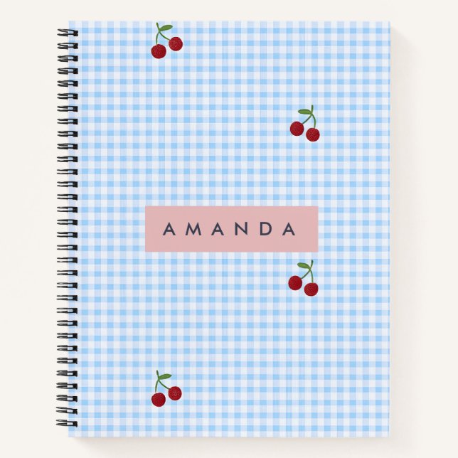 Personalisierter Retro-Blauer Gingham-Kirschen-Dru Notizbuch (Vorderseite)