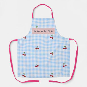 Personalisierter Retro-Blauer Gingham-Kirschen-Dru Schürze
