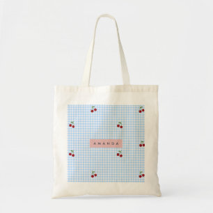 Personalisierter Retro-Blauer Gingham-Kirschen-Dru Tragetasche
