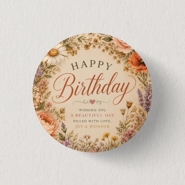 Personalisierter Retro-Blumen-Geburtstag mit Blume Button (Vorderseite)
